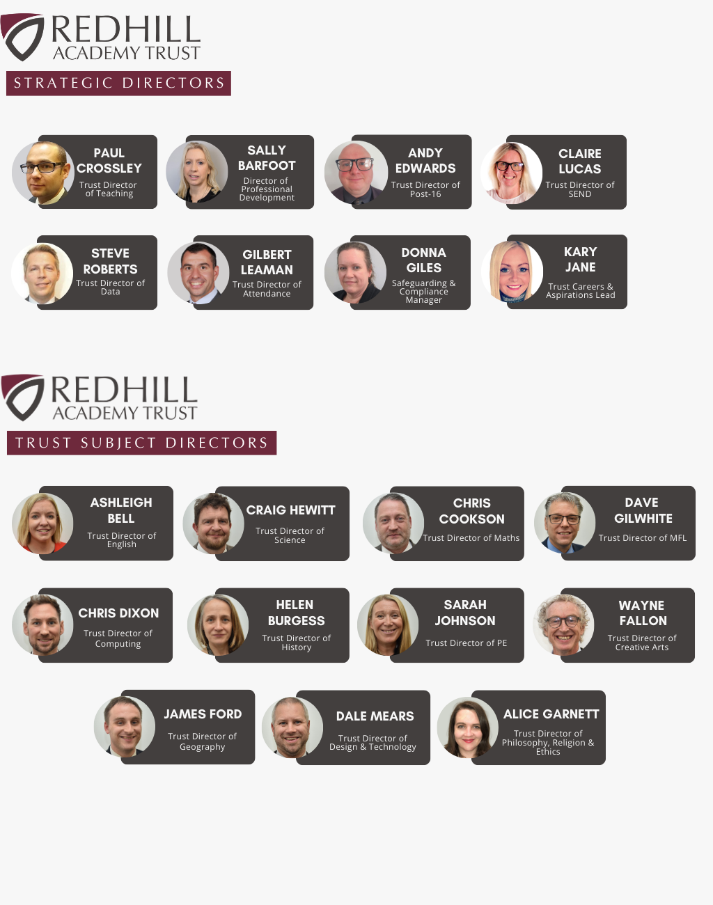 Redhill Trust Strategic and Subject Directors team chart